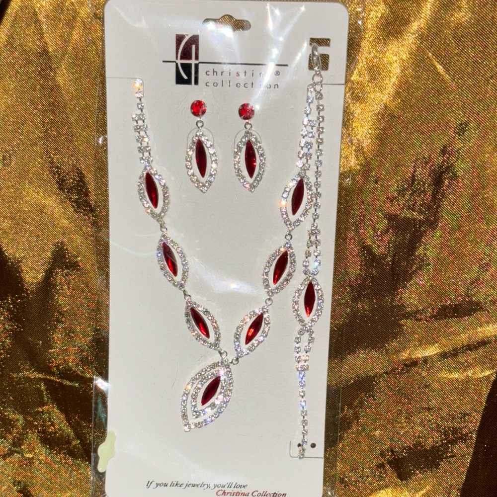 New Ruby Red 3 PCS Necklace, Bracelet, & Earring Set Formal for many occasions